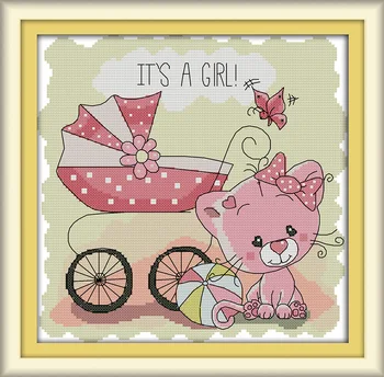 

Everlasting Love The Cat And Baby Carriage Ecological Cotton Cross Stitch 11CT And 14CT Printed Christmas New Year