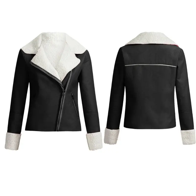 price reduction  Women Winter Artificial Leather Lapel Short Coat Warm Faux Wool Motocycle Jacket