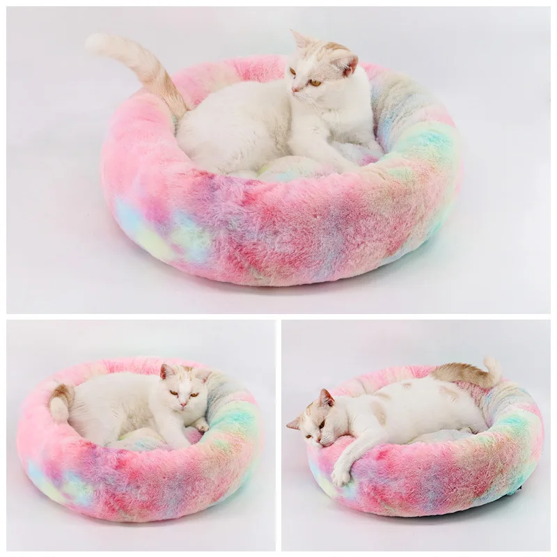 Плюшевая кровать для кошки зимняя мягкая удобная круглая кровать Красочная радуга дизайн собачья Лежанка для щенка кошка Лежанка-домик cama para gato
