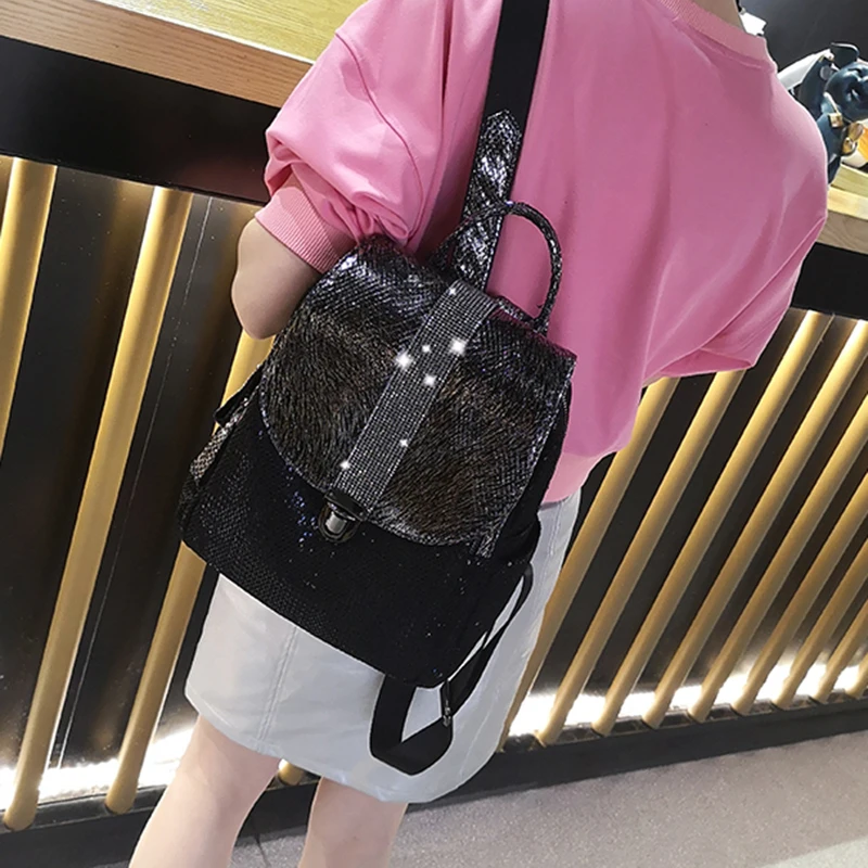 

Backpack Nylon Fabric Female 2020 New Wave Mesh Cloth Sequin Single Contrast Color Backpack Diamond Ladies Bag Korean Backpack