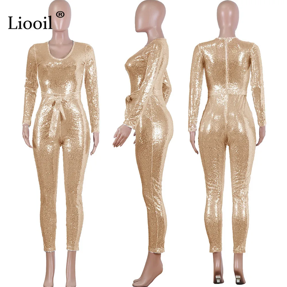 Liooil Gold Silver Sequin Sexy Tight Jumpsuits For Women Long Sleeve V Neck Belt Tight Party Club Rompers Bodycon Jumpsuit