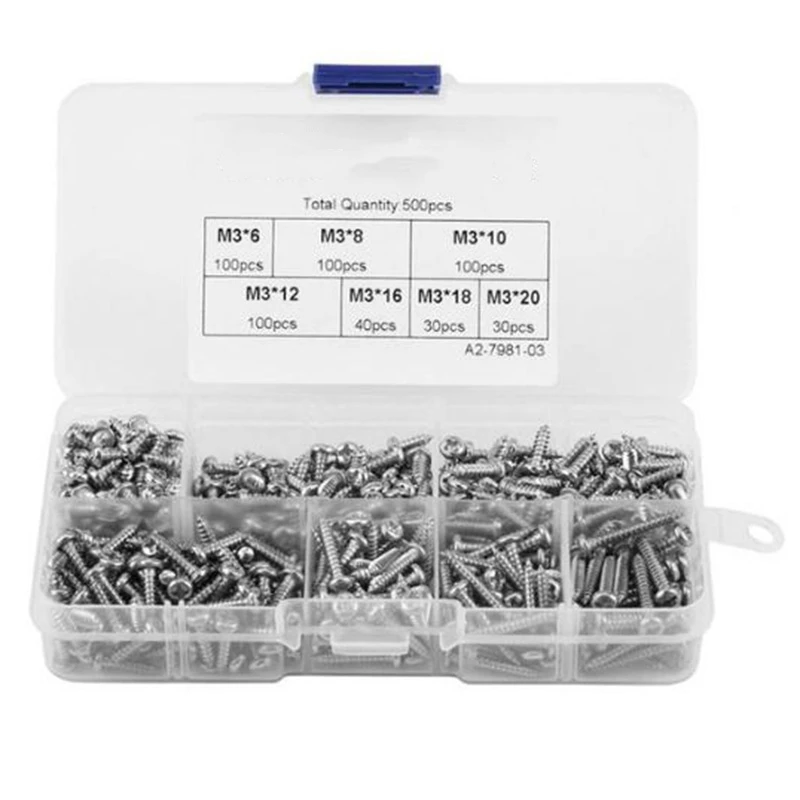 

500Pcs/Box M3 Button Head Screws Electronic Industry Fasteners Cross Self-Tapping Screw Assortment Kit Repair Tools