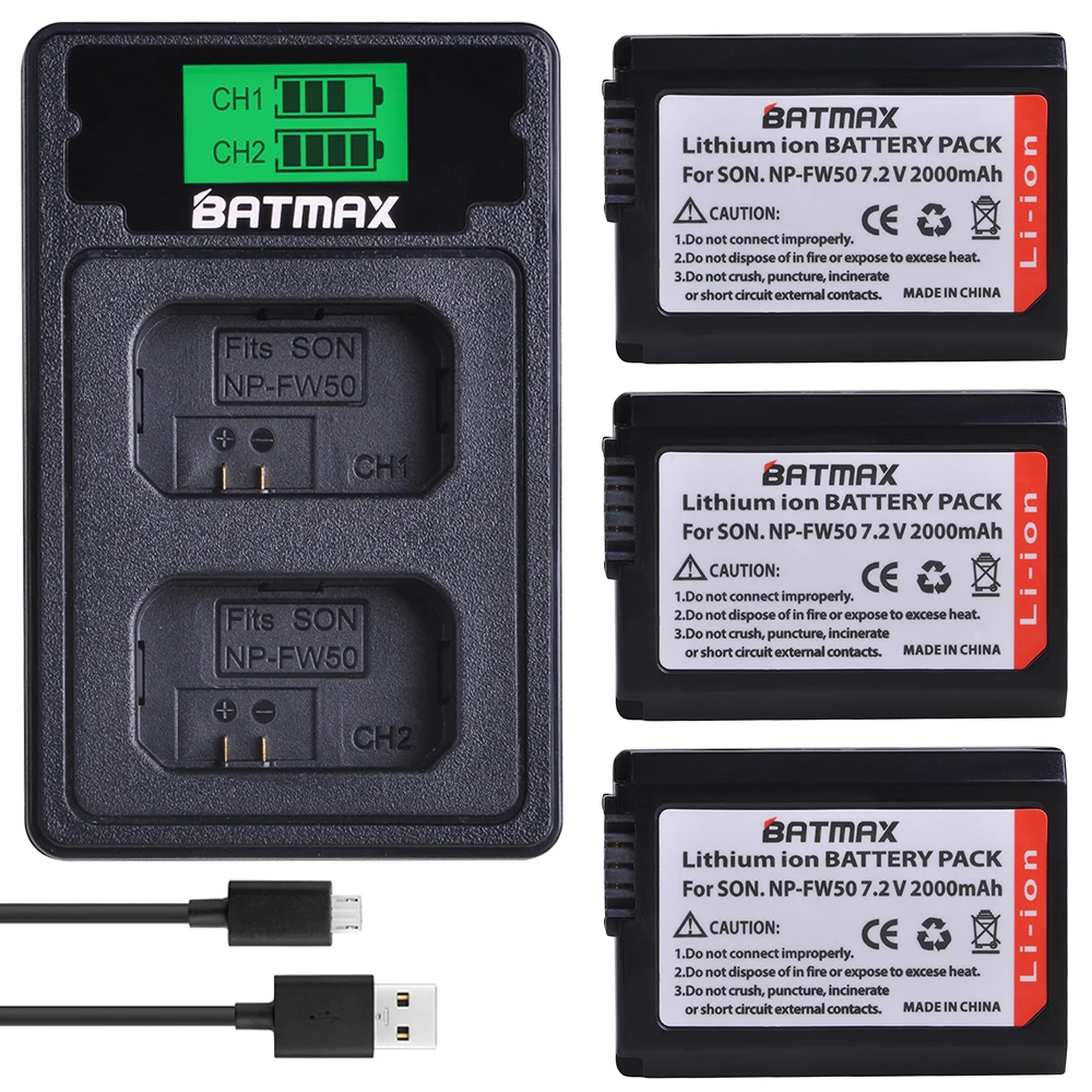 3X 2000Mah Np-Fw50 Np Fw50 Npfw50 Batteria Akku + Usb Lcd Doppio Caricatore Per Sony Alpha A6500 A6300 7R A7R A7R Ii A7Ii Nex-3 Nex-5