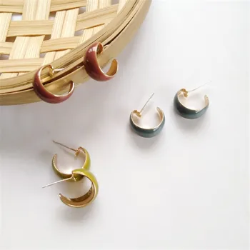

Korea Vintage Enamel Stud Earrings For Women Fashion Temperament C Shape Geometric Circle Pendientes Brincos Wholesale