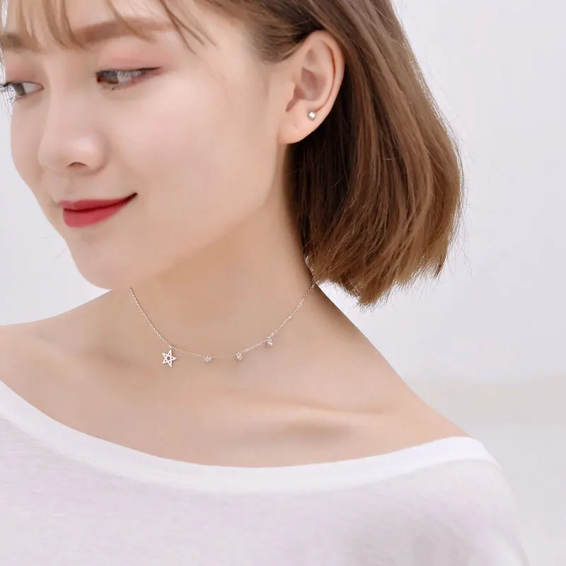 

Hollow out Hexagram Zircon S925 Fine Silver White Gold Plated Necklace Little Star Choker Necklace Xl7307