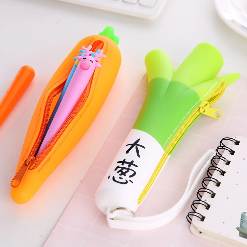 

1PC Creative Green Onion Corn Carrot Pencil Bag Silicone Pencil Case Stationery Storage Coin Purse Office School Supplies