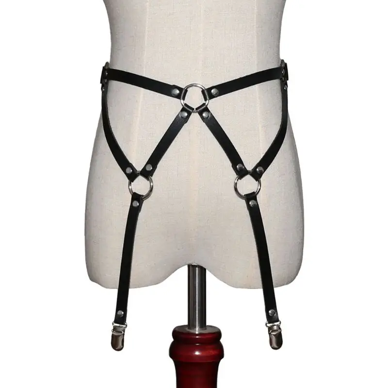 Womens Adjustable Sexy O-Rings Stud Leg Harness Faux Leather Garter Belts Punk Gothic Thigh Ring Waist Cincher With Metal Clip