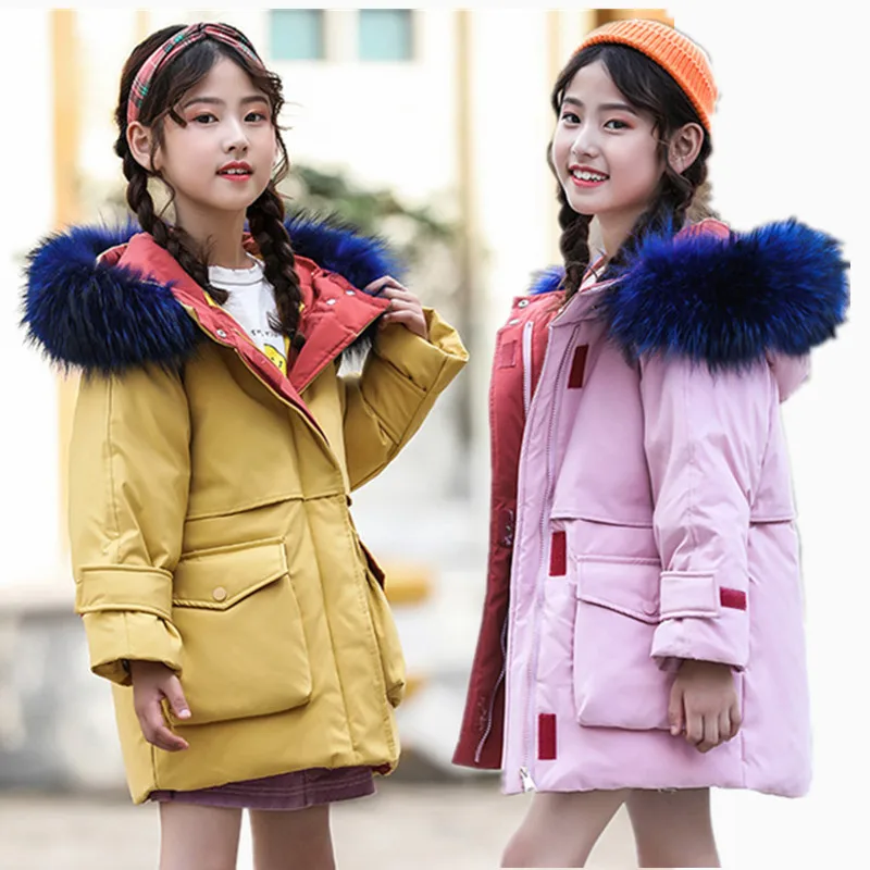 

Russion 2019 Winter Girls Down Jackets Long Style Thick Warm Children Duck Down Parkas Coat Fur Kids Teenager Outerwear