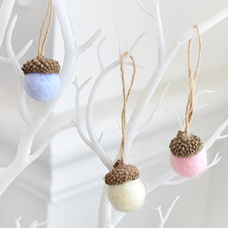Xmas Tree Ornament Wool Felt Pine Tower Ball Pine Cone Acorn String DIY Material Pendant Christmas Decor Home New Year 6pcs