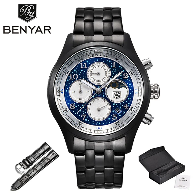 Men's Watches Benyar new quartz watch top luxury fashion wrist watch mens waterproof leather clock sport watch Relogio Masculino - Цвет: S-black white