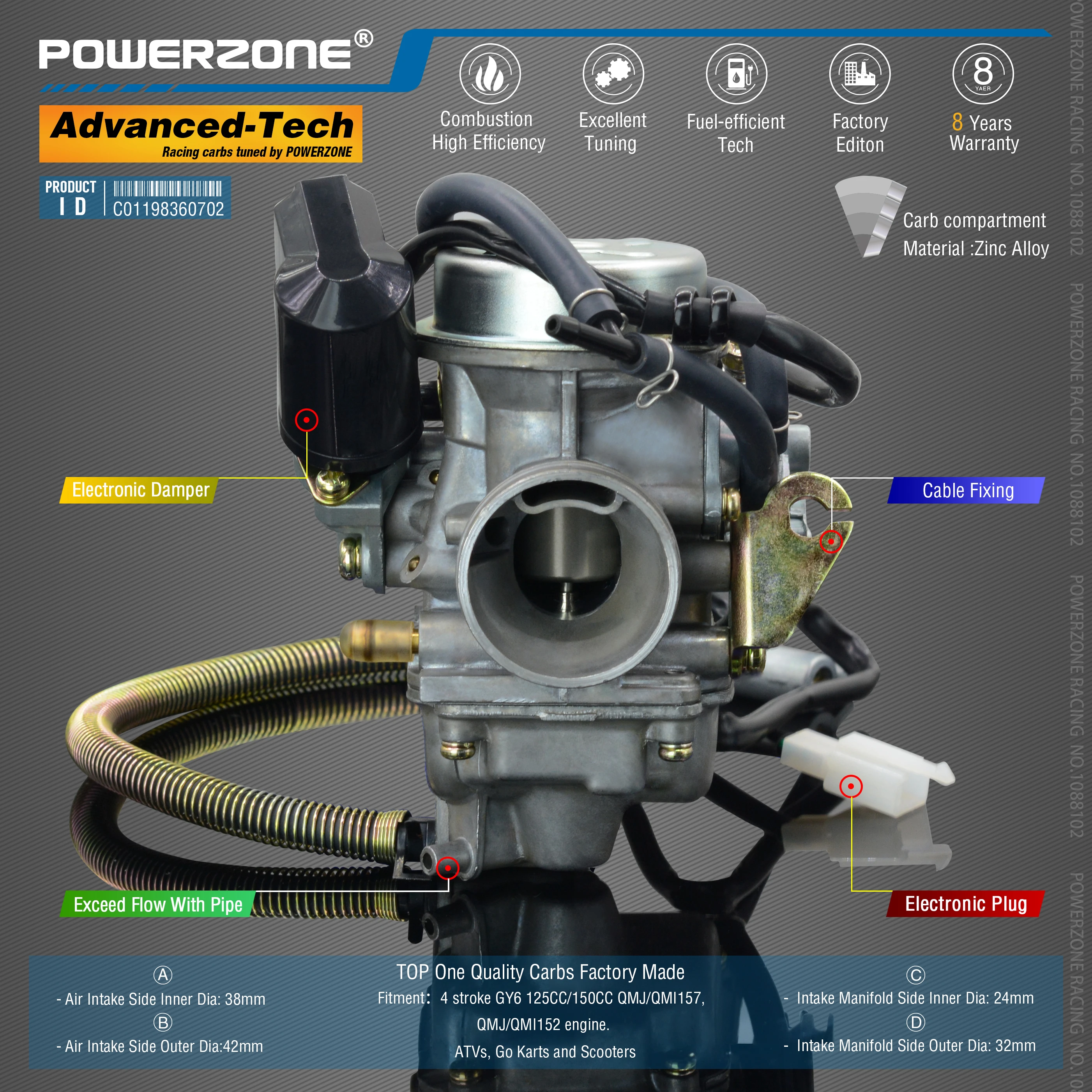 Powerzone карбюратор PD24J 24 мм CVK Ускорительный Насос Carb для GY6 125CC/150CC QMJ/QMI157/152 двигатель. Квадроциклы, Go Karts и скуте