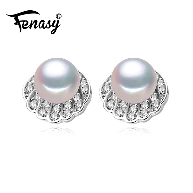 

FENASY 925 Sterling Silver Stud Earrings For Women Freshwater Pearl Jewelry Fashion Shell Design Boho Geometric Pearl Earrings