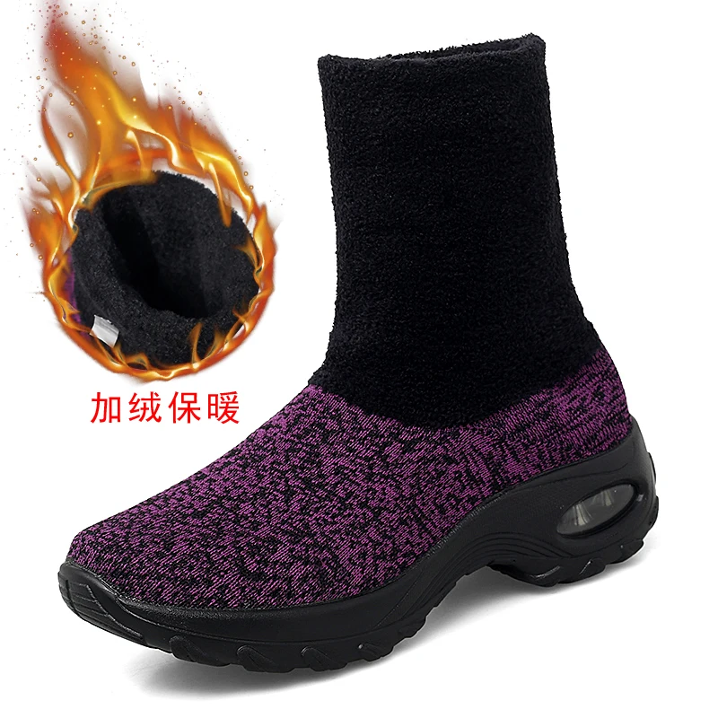 Новые зимние женские ботинки; бархатные модные высокие кроссовки; женская обувь без шнуровки; botas mujer; Размеры 35-43 - Цвет: Purple
