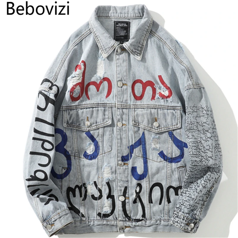 

Bebovizi Hip Hop Men Hole Denim Jackets Streetwear Hipster Graffiti Jean Jacket Coat Harajuku Loose Cotton New 2019 Clothes