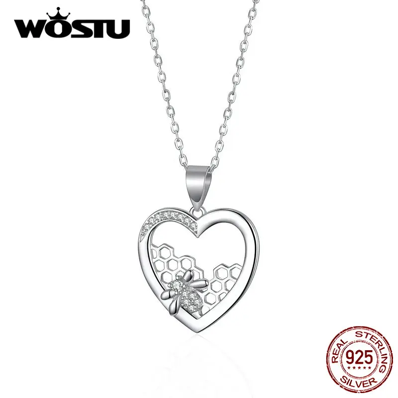 WOSTU, 925 пробы, Серебряное сердце, ожерелья, соты, пчела, подвеска, звено цепи для женщин, юбилей, любителя, роскошные ювелирные изделия, FIN356