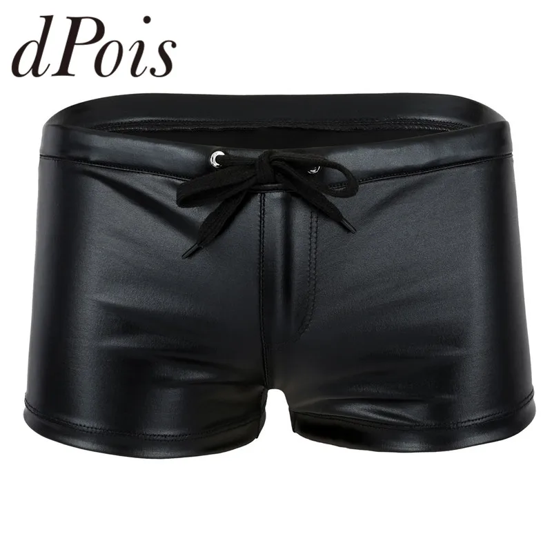 Mens Lingerie Shiny Patent Leather Elastic Waistband Drawstring Lounge Underwear Boxer Shorts Hommes Underpants Beach Swimwear