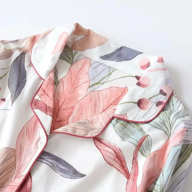Spring Leaves Printed Women's Pajamas Cotton Plus Size Home Suit Brief Fashion Long Sleeve Home Clothes Female Sleepwear women pajamas set women pajama suit cotton pajamas set