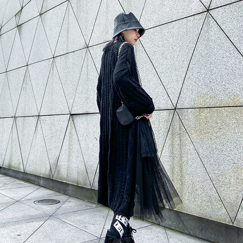 CHICEVER Patchwork Mesh Cartoon Knitted Sweater Women O Neck Long Sleeve Oversize Thick Pullovers Female Fashion Clothes