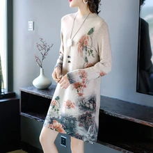 Осенне-зимнее винтажное женское платье-свитер с круглым вырезом и длинным рукавом с цветочным принтом, женские вязаные платья-свитеры