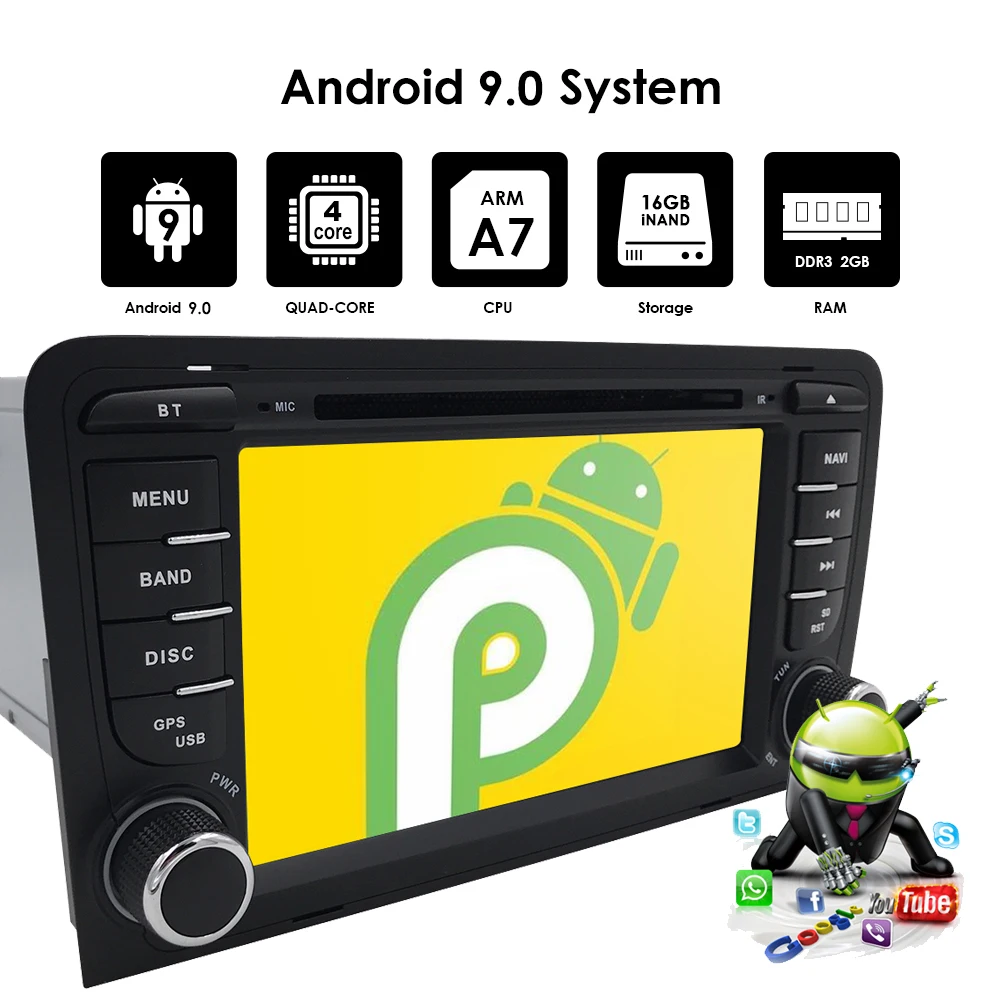 Cheap Ossuret Quad core 2 din Android 9.0 Car GPS Navigation for Audi A3 (2003-2011) Stereo AutoRadio Bluetooth WIFI 4G DVD DAB CAM 3