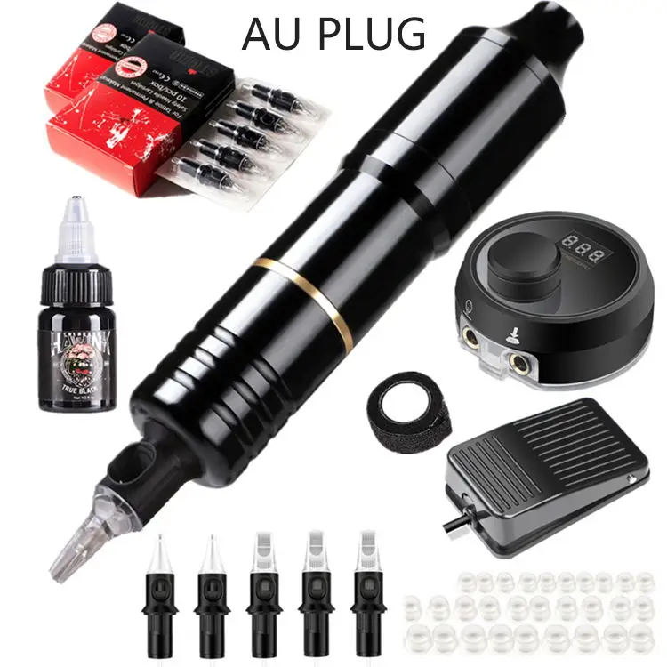 black au plug Набор для татуировки, роторный мотор, комплект тату-машинки, профессиональный полный картридж, иглы, Пигмент чернил, электропитание, педаль - Цвет: black au plug