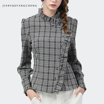 

Fashion Women Black Plaid Blouse Long Sleeve All-match Slimming Ruffles Tops Stand Collar Vintage Coiled Buckle Casual Blouses