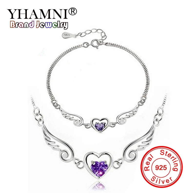 YHAMNI модные нежные фиолетовые в форме сердца Циркон CZ Diamant Ювелирные наборы Серебро 925 пробы Цепочки и ожерелья Браслет Набор для Для женщин YS042