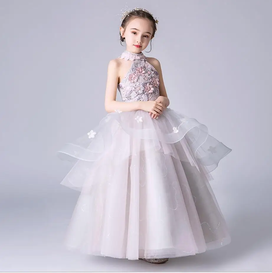 Элегантное Тюлевое платье с блестками и цветочным узором для девочек на свадьбу; длинное кружевное платье принцессы для торжеств; вечернее платье; одежда для первого причастия