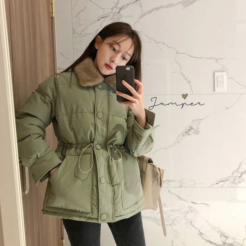 

2019 Autumn And Winter New Style Korean-style CHIC Thick Warm Fold-down Collar Drawstring Waist Hugging Slimming Cotton Coat