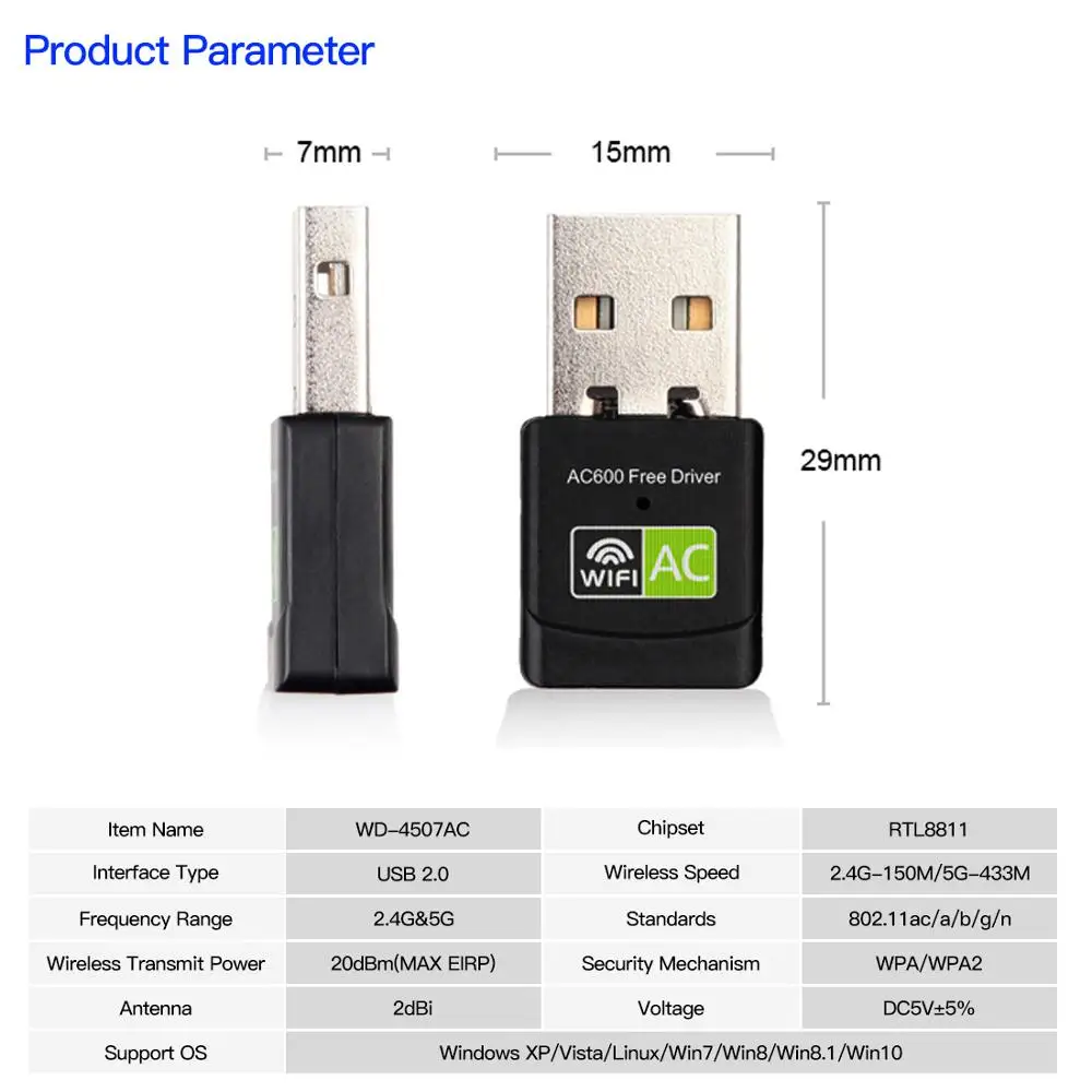Wireless USB WiFi Adapter 600Mbps 5.8GHz+2.4GHz USB Wifi Receiver Wireless Network Card Dual Band 802.11b/n/g/ac Lan Wifi Dongle