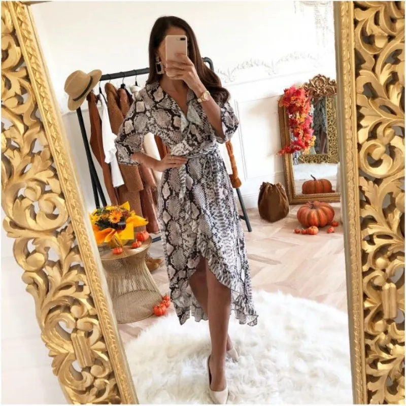 

Nice Snake Skin Print Party Dress Women Three Quarter Sleeve A Line Dresses Ruffles Neck High Split Midi Vestidos