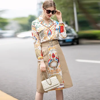 

New Fashion High Quality Spring Print Lapel Top Stitching Print Half Skirt Vintage Elegant Chic Workplace Casual Women'S Sets