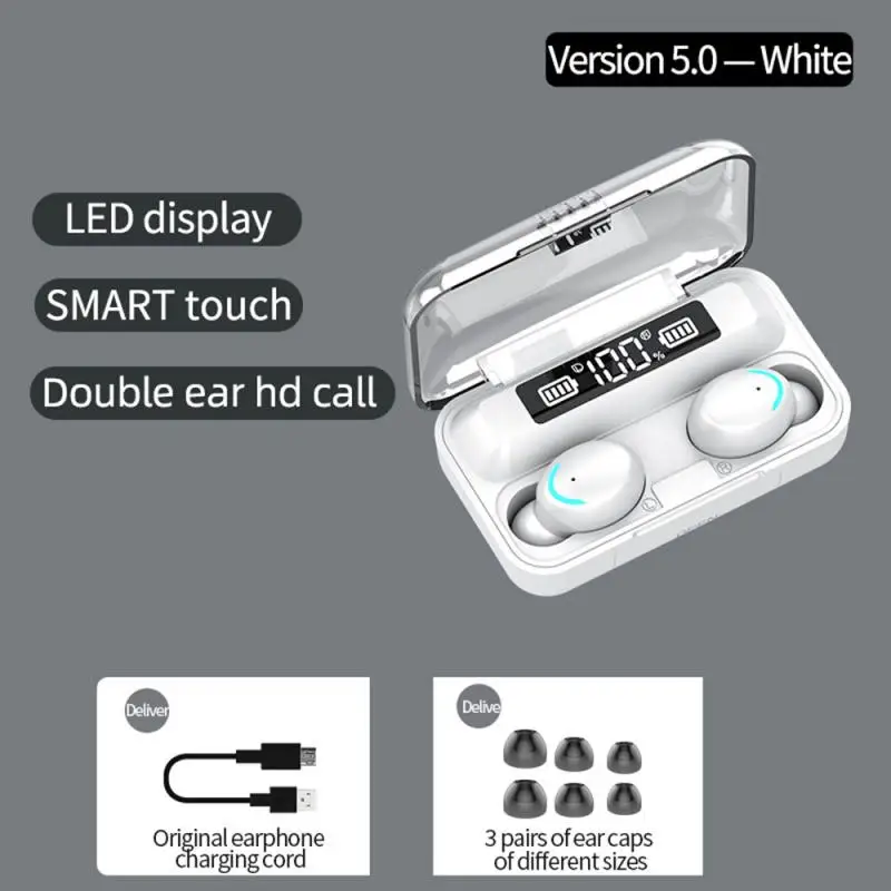 Белый Беспроводные TWS 5,0 Bluetooth 9D стерео наушники с светодиодный дисплей смарт банк питания держатель телефона - Цвет: Белый