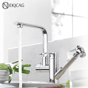 

Chrome Kitchen Faucet Double Spout Pull Out Sink Faucets Solid Brass Mixer Taps Brass Sprayer Swivel Spout