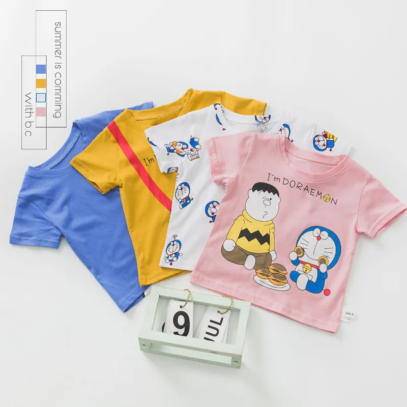 KIKIKIDS/Летняя футболка с героями мультфильмов для малышей Топы с короткими рукавами для маленьких мальчиков и девочек, Doraemon, Детская летняя одежда в Корейском стиле футболки с героями мультфильмов