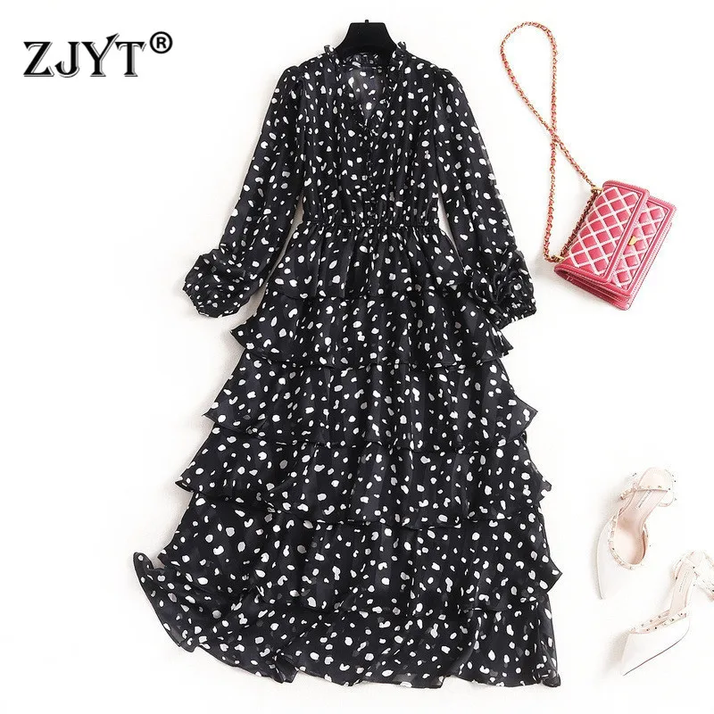 

2020 Elegant Lady Spring Dress Fashion Woman Clothes V Neck Long Sleeve Polka Dot Print Mid Calf Chiffon Ruffled Layered Dress