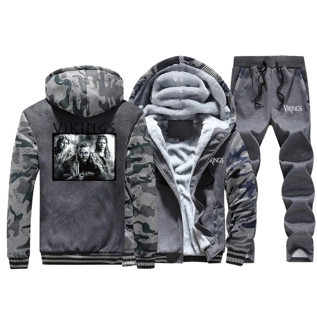 Телешоу Vikings Lagertha Camo Мужской комплект Ragnar The Viking мужские толстые наборы Зимняя мода уличная одежда хип-хоп флисовый спортивный костюм - Цвет: Dark Gray
