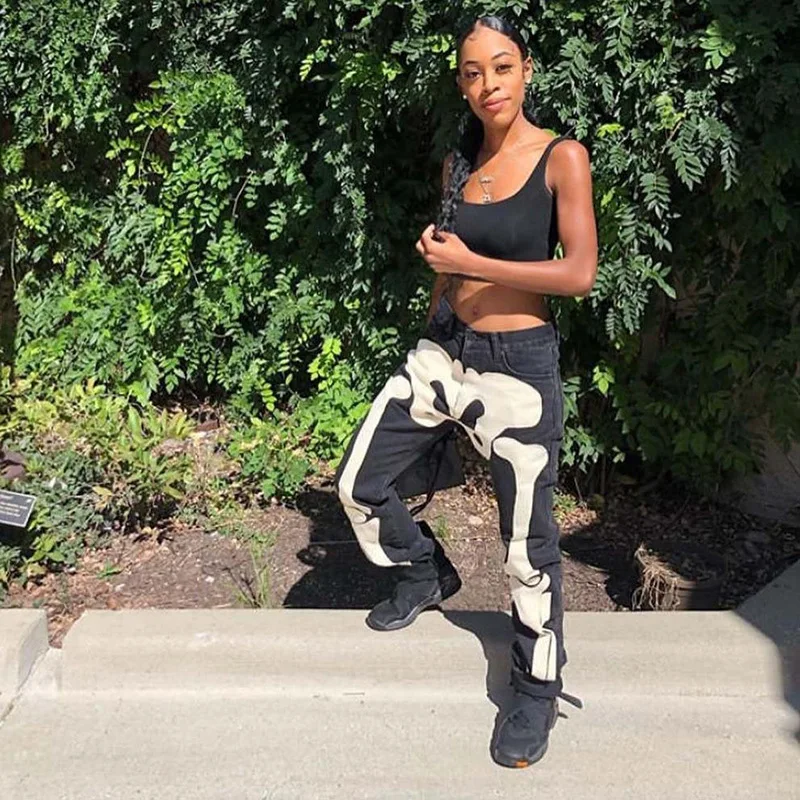 WeiYao Goth Pants Fall 2021 Skeleton Patterned Low Rise Baggy Jeans Femme Streetwear Women Black Denim Jean Trousers Cyber Y2k