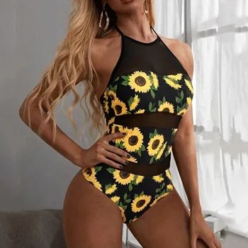 

Summer Swimsuit for women 2020 Sunflower Print Mesh Patchwork One Piece Swimsuit Halter Push Up Padded Swimwear women 505#3