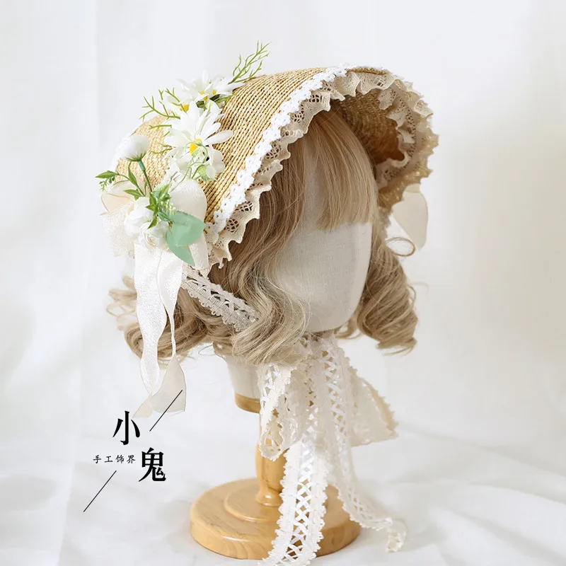 

Original Retro Mori Girl Lace Up Strawhat Lolita Grace Sweet Japanese Girl Tea Party Flat Cap Summer Sunshade Hat Headdress