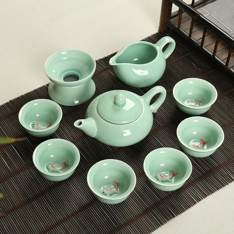Chinese Celadon Fish Tea Set Ceramic Tea Cup fish chinese kung fu tea pot drinkware for friend Gift Travel home tea set wine set - Цвет: 10pcs