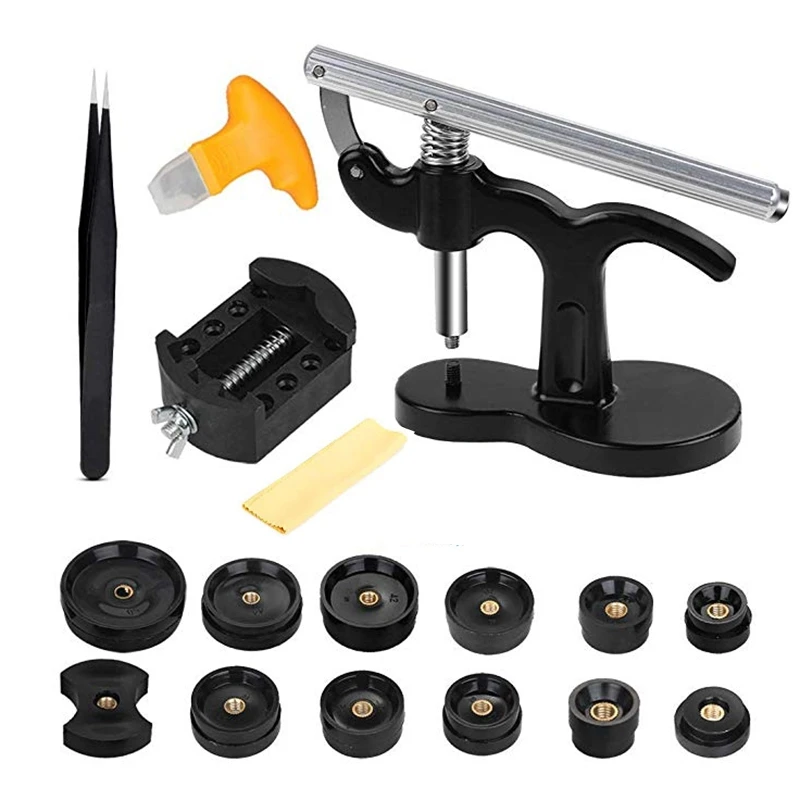 

Watch Press Set Professional Watch Back Closer with 12 Dies Tweezers for Watch Back Remover Closer Repair and Battery Replacemen
