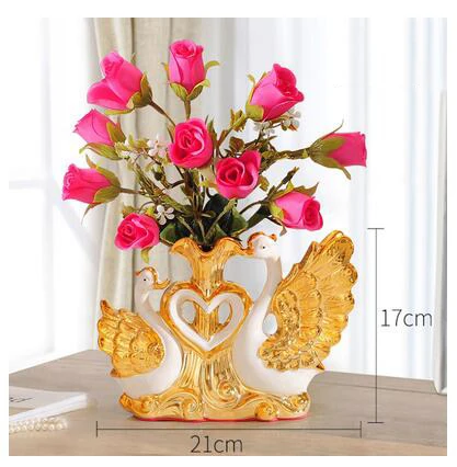 Modern Swan Ceramic Vase+Artificial Flower Ornaments Wedding Gifts Home Livingroom Desk Figurines Furnishing Crafts Decoration - Color: style3-S