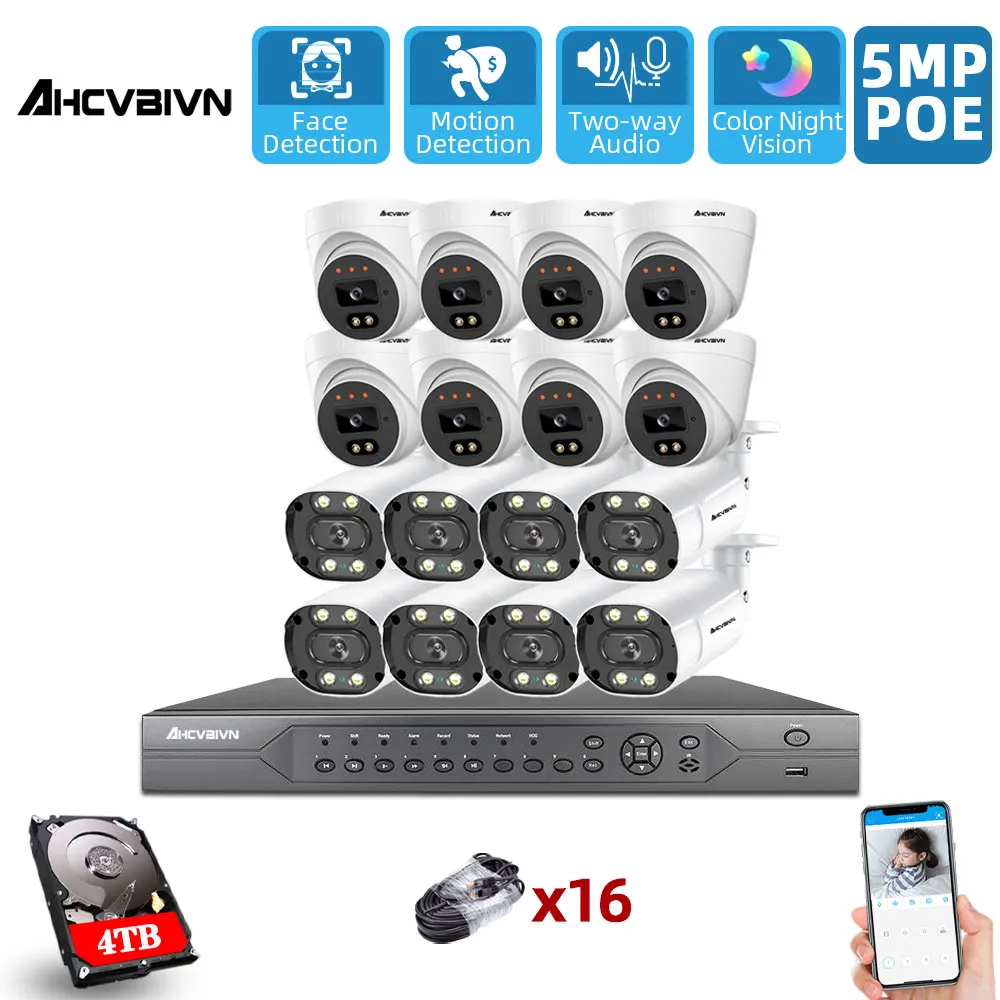 

H.265+ 16CH 5MP POE NVR Kit HD Color Night Vision CCTV Security Camera System Kit Two Way Audio Video Surveillance System Set