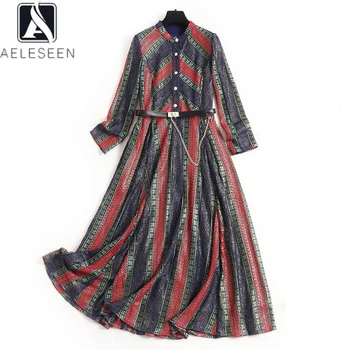 

AELESEEN Vintage Lace Dress 2020 Spring Summer Runway Fashion Hollow Out Embroidery Print Belt Elegant Midi Dress Vestidos