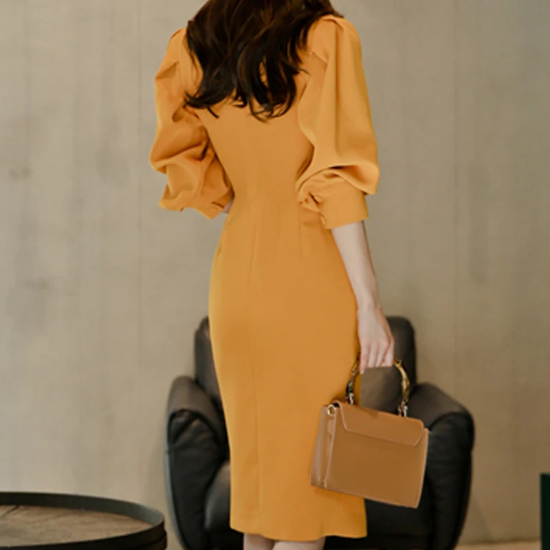 H Han Queen Notched Neck Double-breasted Suits Dress Women Autumn Sheath Pencil Dresses OL Casual Vintage Bodycon Vestidos