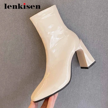 

Lenkisen new arrival Chelsea boots real leather korean girls fashion square toe high strange heel zipper concise ankle boots L23