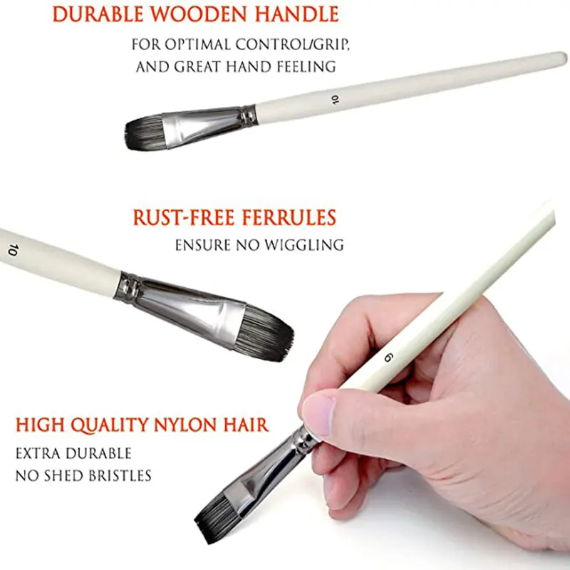 Lot De 5 Pinceaux Acryliques De Qualité Supérieure - Pinceaux Plats En Nylon - Nettoyage Facile - Pour Peinture à L'huile, Aquarelle, Gouache, Peinture Acrylique, Peinture Corporelle