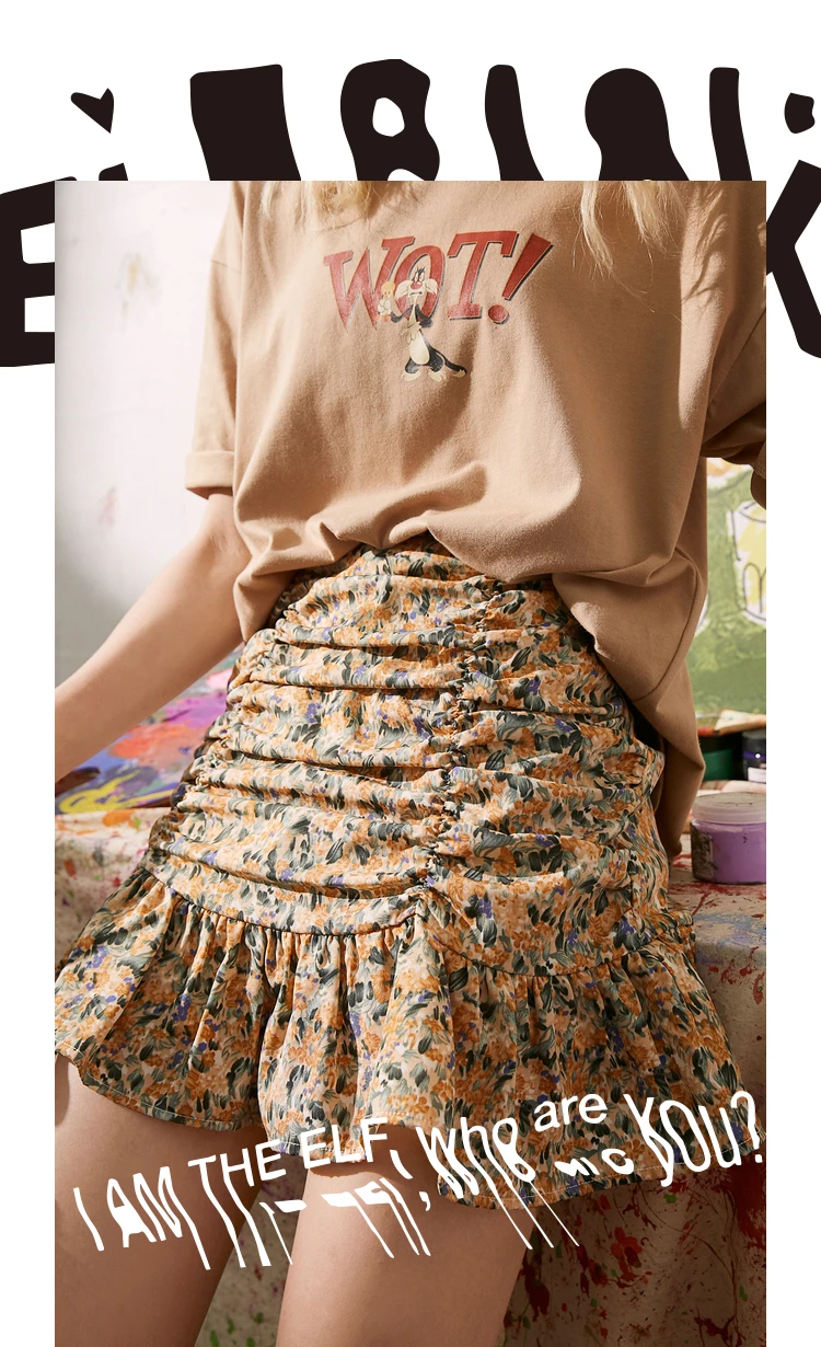 ELFSACK Yellow Oil Painting Floral Print A Line Women Ruffle Skirts 2020 Summer ELF Purple High Waist Korean Girly Holiday Skirt