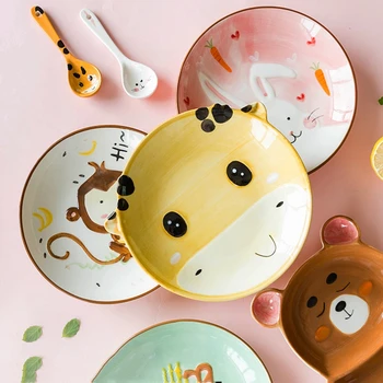

Children's Household Eating Bowls Cute Animal Baby Chinaware Tableware Ceramic Grid Plate Cup Breakfast Porcelain Set